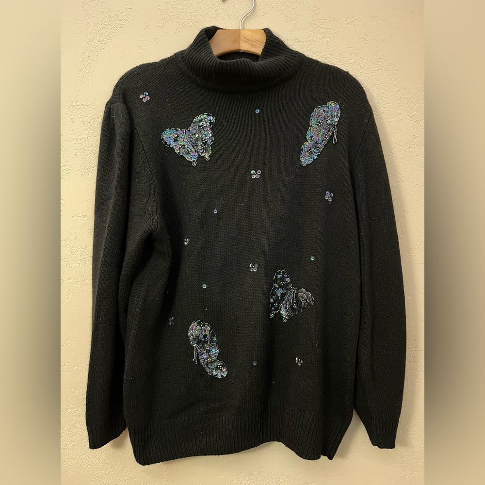 Vintage Amanda Smith Butterfly Sequin Sweater Large Black Silk Angora